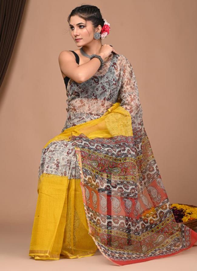 Cotton Yellow  Digital Printed Saree